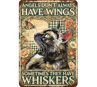Letrero de metal vintage con texto en inglés "Angels Don't Always Have Wings Sometimes They Have Whiskers", 20.3 x 30.5 cm, retro amante de los gatos, placa floral rústica para el hogar, dormitorio