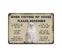 Letrero de metal vintage con texto en inglés "Cat When Visiting My House Please Remember Love Cat Rules Man", placa publicitaria de metal para pared o marco de fotos enmarcadas, póster de reglas del
