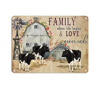 Letrero de metal vintage con texto en inglés "Family Where Life Begins And Love Never Ends" de metal con diseño de vaca, 12 x 16 pulgadas, resistente a la intemperie, para cocina, hogar, garaje, bar