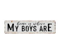 Letrero de metal vintage con texto en inglés "Home Is Where My Boys Are House", para decoración de pared, para el hogar, bar, jardín, 4 x 16 pulgadas