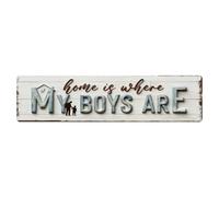 Letrero de metal vintage con texto en inglés "Home Is Where My Boys Are House", para decoración de pared interior y exterior, póster de metal retro de 4 x 16 pulgadas