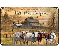 Letrero de metal vintage con texto en inglés "Live Like Someone Left The Gate Open" Texas Longhorn Cow Rustic Wall Decor para el hogar, dormitorio, bar, cafetería, club, 12 x 8 pulgadas