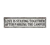 Letrero de metal vintage con texto en inglés "Love Is Stay Together After Parking Camper" para decoración de pared, póster de metal de 10 x 40 cm