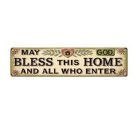 Letrero de metal vintage con texto en inglés "May God Bless This Home" para sala de estar, bar, hogar, decoración de pared de dormitorio, póster de metal retro de 4 x 16 pulgadas
