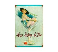 Letrero de metal vintage con texto en inglés "Pin Up Girl Here's Looking at You" para casa, bar, cocina, restaurante, decoración de pared, 12 x 8 pulgadas