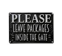 Letrero de metal vintage con texto en inglés "Please Leave Packages Inside The Gate" para decoración de pared, bar, garaje, cafetería, cocina, hogar, póster decorativo de 20 x 30 cm