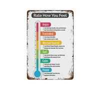 Letrero de metal vintage con texto en inglés "Rate How You Feelings" - Póster de tabla de sentimientos de termómetro para niños, para consejero, terapeuta, profesor y aula, letrero de estaño para