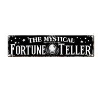 Letrero de metal vintage con texto en inglés "The Mystical Fortune Teller" para cafetería, bar, pub, decoración de pared del hogar, póster de metal de 4 x 16 pulgadas