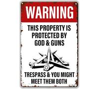 Letrero de metal vintage con texto en inglés "Warning This Property Is Protected By God & Guns", letrero de metal para el hogar, garaje, oficina, bar, cafetería, pub, hombre, cueva, regalo, 8 x 12