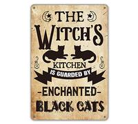 Letrero de metal vintage de 8 x 12 pulgadas para decoración retro de The Witch¡¯s Kitchen is Guarded by Enchanted Black Cats Regalos, letrero de aluminio para patio, Halloween, Navidad, cafetería, bar