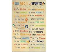 Letrero de metal vintage de aluminio con texto en inglés "The Abc's of Sports" para puerta exterior de casa, cueva, garaje, bar, campo, póster de club, decoración de pared, letrero retro de aluminio