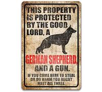 Letrero de metal vintage de estaño decorativo Tnis Property is Protected by The Good Lord, a German Shepherd and a Gun Metal Signs Pub, club, bar, restaurante, cafetería, arte vintage para pared