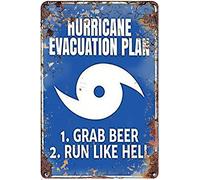 Letrero de metal vintage de hojalata con plan de evacuación de huracanes, toma cerveza, corre como el infierno, letrero humorístico para pared, para el hogar, cocina, bar, pub, club, cafetería
