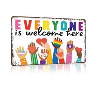 Letrero de metal vintage de moda con texto en inglés "Everyone Is Welcome Here", moderno, inspirador, diversidad, coloridos letreros de lata, inclusión de racismo, placa de igualdad para el hogar