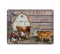 Letrero de metal vintage de vaca con texto en inglés "Family Where Life Begins And Love Never Ends" - Arte de pared de metal de 30,5 x 40,6 cm, resistente a la decoloración, para el hogar, café