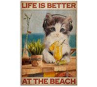 Letrero de metal vintage divertido con texto en inglés "Life is Better at The Beach", letrero retro vintage de aluminio para el hogar, jardín, cafetería, bar, letrero de lata de 8 x 12 pulgadas
