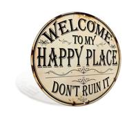 Letrero de metal vintage divertido con texto en inglés «Welcome to My Happy Place» para el hogar, puerta delantera, cafetería, bar, club, terraza, porche, decoración de pared, 8 x 8 pulgadas, redondo
