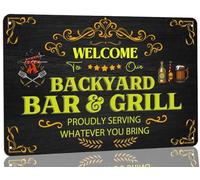 Letrero de metal vintage para bar: "Bienvenido a nuestro bar y parrilla de patio trasero. Servimos con orgullo lo que traigas". Divertidos letreros de cerveza para el hogar, cafeterías, bares, pubs, t