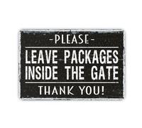 Letrero de metal vintage para decoración de pared de 20.3 x 30.5 cm con texto en inglés "Please Leave Packages Inside The Gate"