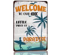 Letrero de metal vintage para piscina al aire libre, "Bienvenido a nuestro pequeño paraíso", letrero de hojalata para el hogar, letrero de piscina para patio, jardín, cabaña de playa, letreros para ex