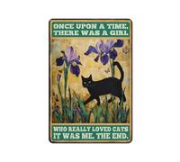 Letrero de metal vintage retro para mamá de gato, regalo para amantes de los gatos, letrero de metal rústico con lirios de granja y mariposas, texto en inglés "There was a Girl Who Really Loved Cats"