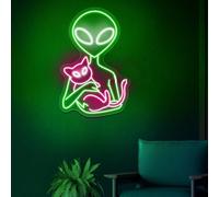Letrero de neón alienígena con luz LED alienígena, gato, luz de neón, letrero estético para decoración de habitación, guardería, letrero LED de neón personalizado OVNI