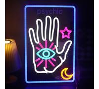 Letrero de neón con tarjeta de tarot psíquico, decoración de estrella de luna, letreros iluminados, letrero de adivino, lector psíquico, letrero LED de tarjeta de tarot