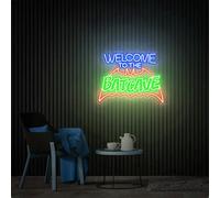 Letrero de neón con texto en inglés "Welcome To The Batcave para decoración de pared, letrero de neón LED de Bat Cave grande para fiesta interior del hogar, regulador de intensidad y alimentación USB