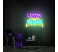 Letrero de neón con texto en inglés "Welcome To The Batcave para decoración de pared, letrero de neón LED de Bat Cave grande para fiesta interior del hogar, regulador de intensidad y alimentación USB