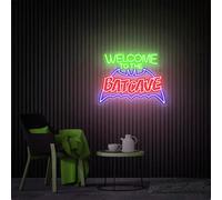 Letrero de neón con texto en inglés "Welcome To The Batcave para decoración de pared, letrero de neón LED de Bat Cave grande para fiesta interior del hogar, regulador de intensidad y alimentación USB