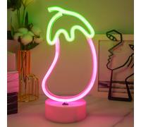 Letrero de neón de berenjena, luz nocturna para dormitorio, alimentado por batería/USB con base, luces LED de noche de berenjena para niños, adolescentes y adultos, letrero de neón con soporte de
