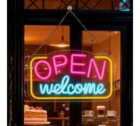Letrero de neón de bienvenida abierto, 43 x 23 cm, señal LED regulable, colorida, señales de neón abiertas con USB, brillo ajustable para café, club, restaurante, hotel, tienda, bar, regalos