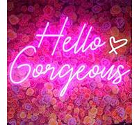 Letrero de neón Hello Gorgeous Hello Beautiful LED rosa para el hogar, boda, cumpleaños, telón de fondo, fiesta de Bacelorette con interruptor regulable (5 V, 16.5 x 10.6 pulgadas)