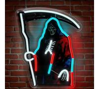 Letrero de neón LED de guadaña de la muerte de Halloween con luces de terror iluminadas para dormitorio, dormitorio, pasillo, garaje, bar, sala de juegos, cueva de hombre, fiesta, decoración de pared