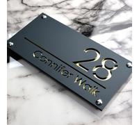 Letrero de número de casa exterior personalizado 3D flotante con número residencial para exteriores, dirección de calle, pared, habitación, nombre, puerta, letrero decorativo (gris + dorado)