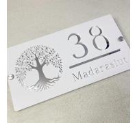 Letrero de número de casa moderno personalizado acrílico para número de puerta y dirección, placa personalizada cortada con láser para casa (blanco plateado, 25 x 15 cm)