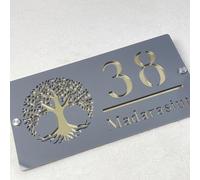 Letrero de número de casa moderno personalizado acrílico para puerta y dirección, placa personalizada cortada con láser para casa (gris dorado, 30 x 18 cm)