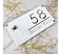 Letrero de número de casa personalizado, diseño moderno personalizado, palmeras acrílicas, árbol junto al mar, placa de número de casa, placa de dirección exterior, nombre, puerta, pared (oro blanco)