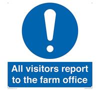 Letrero de oficina con texto en inglés "All Visors Report to the Farm", 300 x 300 mm, S30