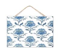Letrero de pared con diseño de flor mogol en madera azul chinoiserie chic índigo, 30,5 x 20,3 cm, decoración de pared, letreros de madera rústica para lavandería y cabaña