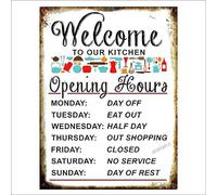 Letrero de pared de aluminio de estaño con texto en inglés "Welcome to Our Kitchen Opening Hours", 15,2 x 20,3 cm, estilo rústico, vintage, decoración de pared, bar,