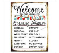 Letrero de pared de aluminio de estaño con texto en inglés «Welcome to Our Kitchen Opening Hours» de 30,5 x 40,6 cm, estilo rústico, vintage, para decoración de pared, bar,