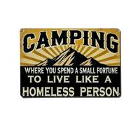Letrero de pared de camping con texto en inglés "Where You Spend A Small Fortune to Live Like A Homeless Person", letrero de metal vintage para jardín, dormitorio, cafetería, bar, cueva de hombre