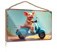 Letrero de pared de cocina con texto en inglés "A Happy Pig Rides A Blue Scooter", letrero de bienvenida (23 x 35 cm)