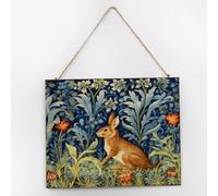 Letrero de pared de conejo con liebres del bosque en madera de conejo, criaturas verdes, animales botánicos, letrero de madera para el hogar, 10 x 12 pulgadas, caza de huevos, primavera, floral, campo