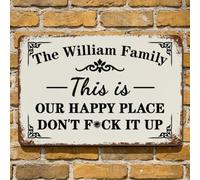 Letrero de pared de metal personalizado con nombre familiar para garaje, rústico, decoración de pared de garaje con texto en inglés "This is Our Happy Place" para taller, hombres, decoración de cueva