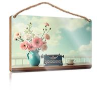 Letrero de pared divertido con diseño de máquina de escribir y flores en una mesa de madera, para decoración del hogar, decoración divertida para colgar en la pared (20 x 30 cm)