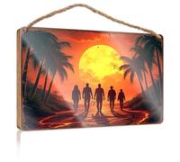 Letrero de pared para cocina, diseño de siluetas de camino de lava, entre palmeras bajo un bosque de fuego con cita de madera, letreros divertidos para oficina (20 x 30 cm)