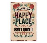 Letrero de pared para decoración del hogar, placa de metal decorativa de granja, letrero de arte estético "Welcome To The Happy Place", para casa de campo, apartamento, dormitorio, patio, jardín