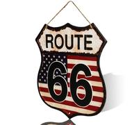 Letrero de pared Vintage Route 66, diseño decorativo de escudo de metal, decoración rústica para el hogar con colgador de cuerda (rojo oscuro)